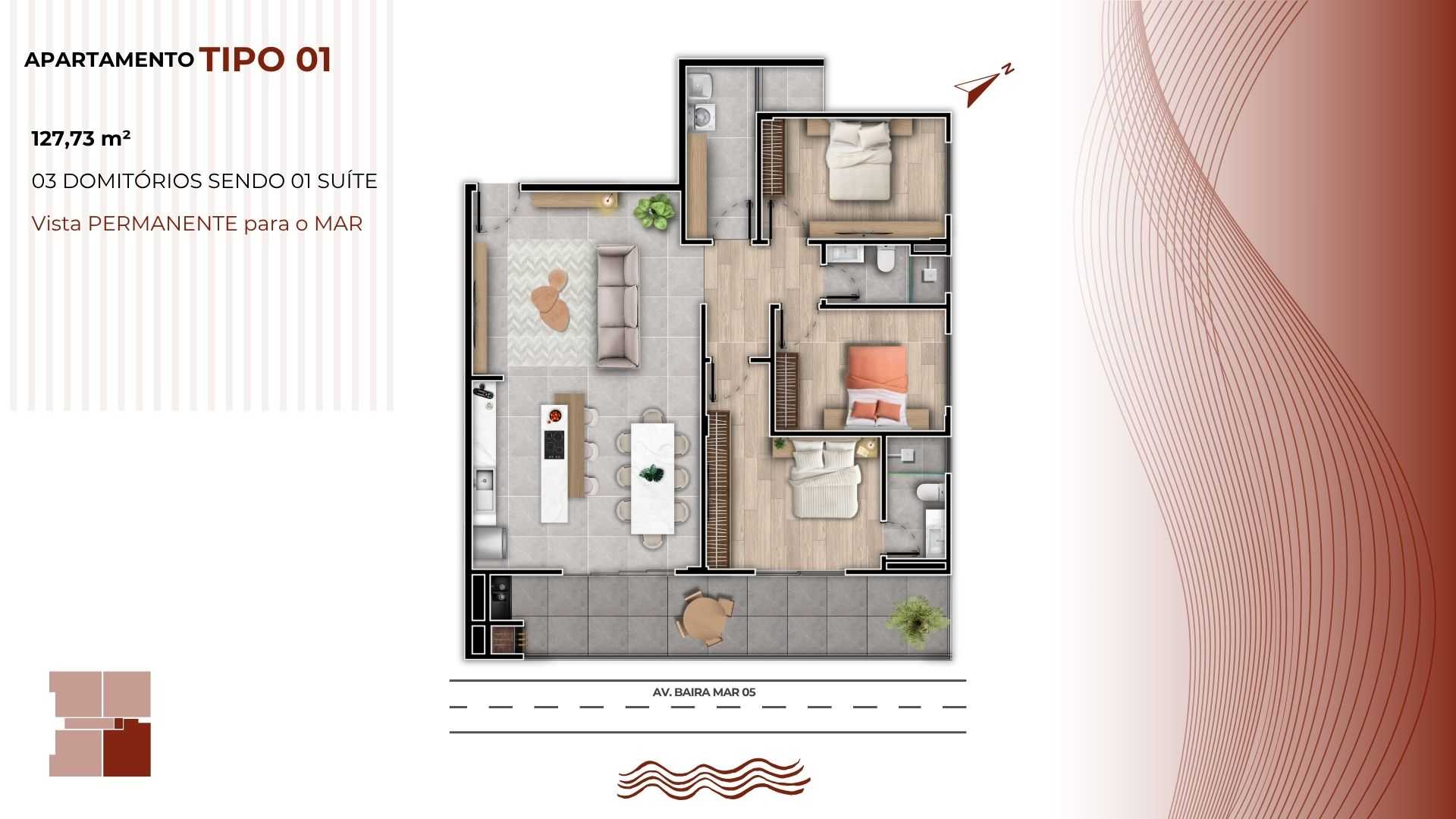 Planta - LANÇAMENTO FRENTE MAR - 03 dormitórios sendo 01 suíte - À partir de R$ 835.950,00 - Sabbia Imóveis