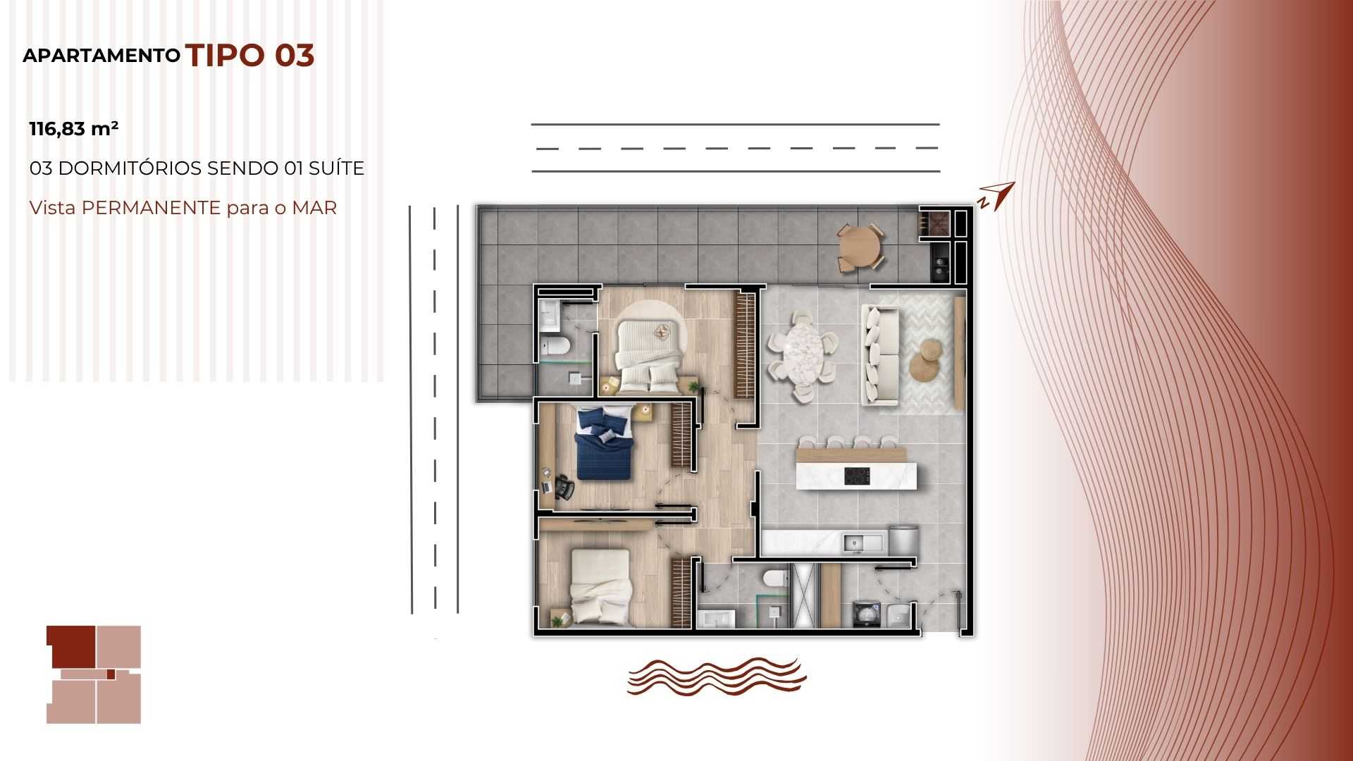 Planta - LANÇAMENTO FRENTE MAR - 03 dormitórios sendo 01 suíte - À partir de R$ 835.950,00 - Sabbia Imóveis