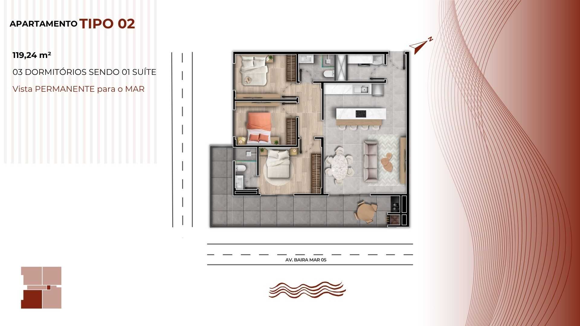 Planta - LANÇAMENTO FRENTE MAR - 03 dormitórios sendo 01 suíte - À partir de R$ 835.950,00 - Sabbia Imóveis