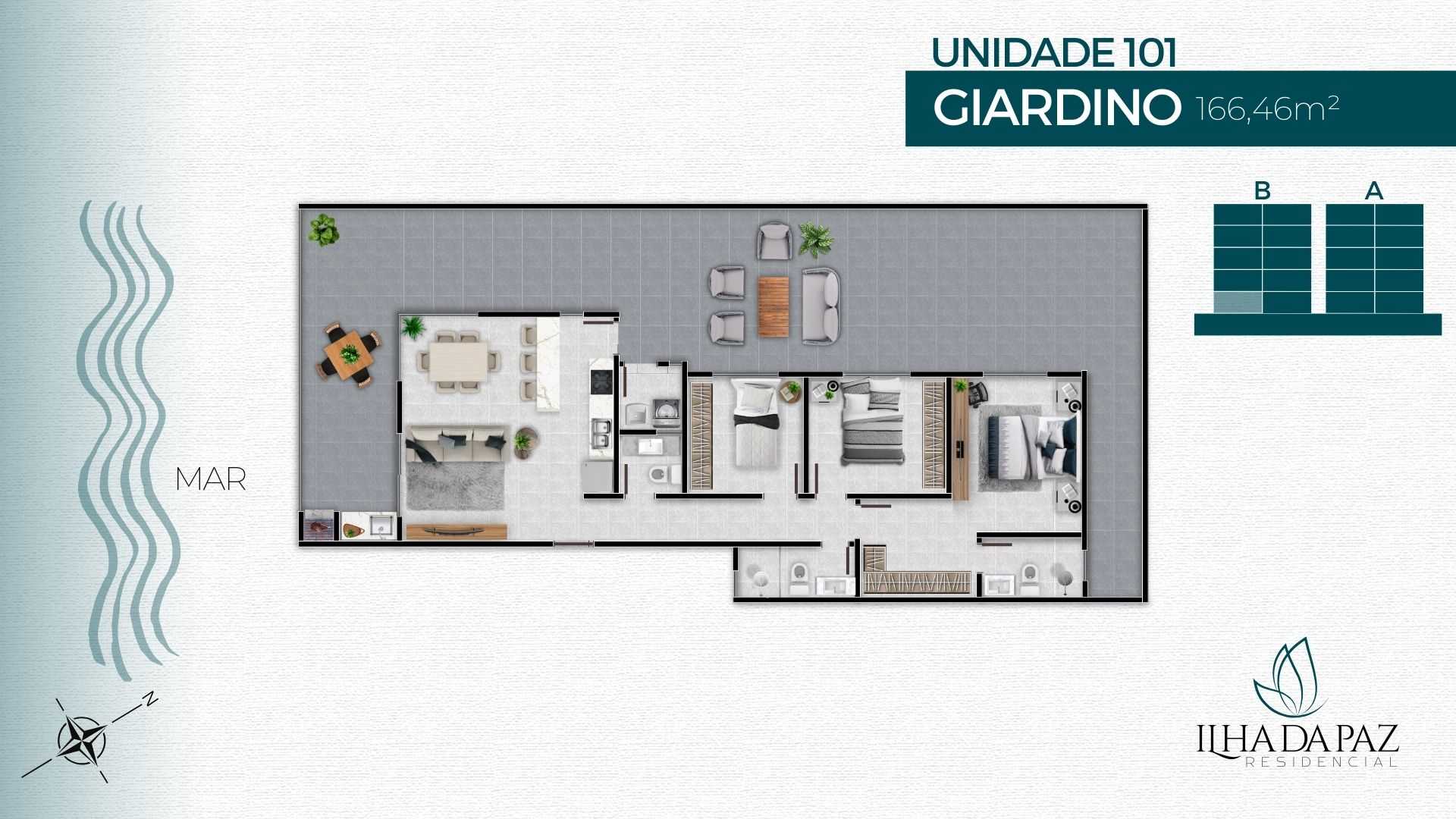 Planta - FRENTE MAR - 3 DORMITÓRIOS SENDO 1 SUÍTE - À PARTIR DE R$ 991.000,00 - POUCAS UNIDADES - Sabbia Imóveis