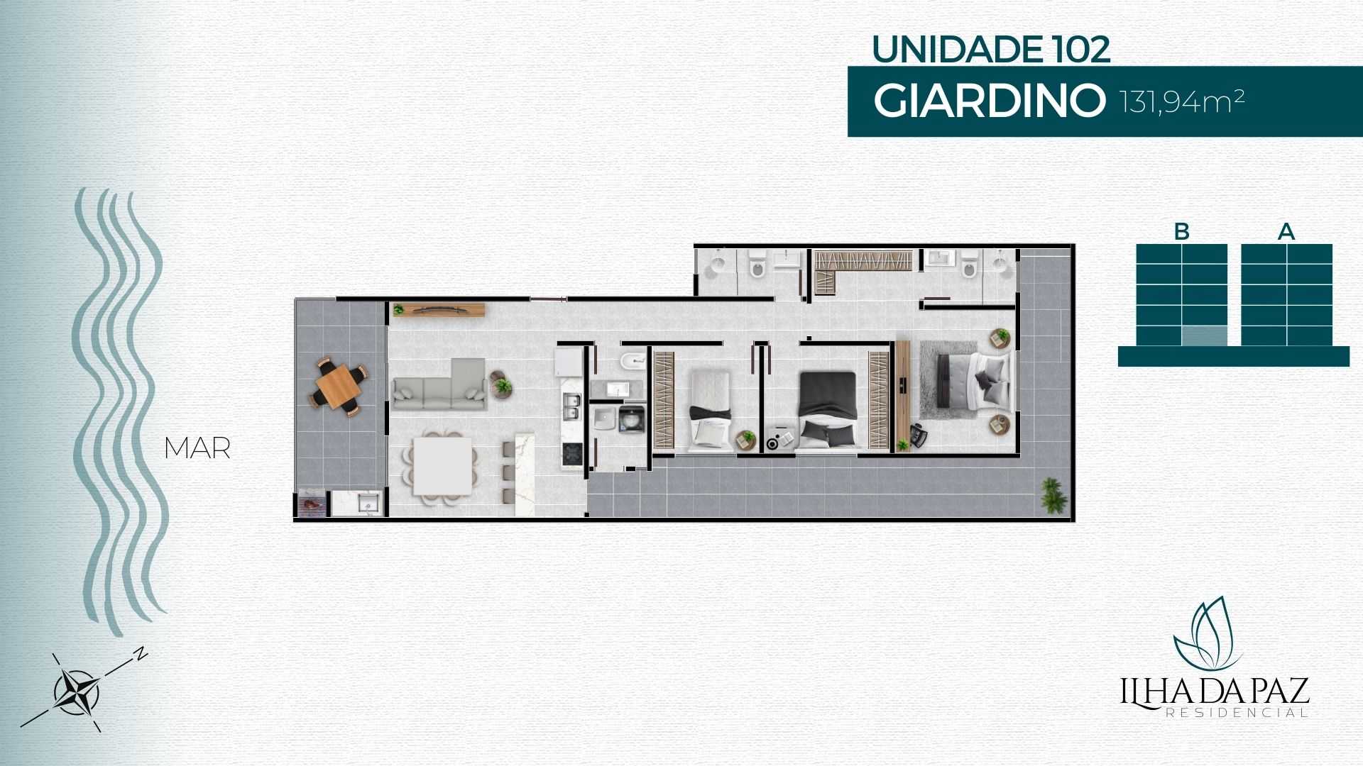 Planta - FRENTE MAR - 3 DORMITÓRIOS SENDO 1 SUÍTE - À PARTIR DE R$ 991.000,00 - POUCAS UNIDADES - Sabbia Imóveis