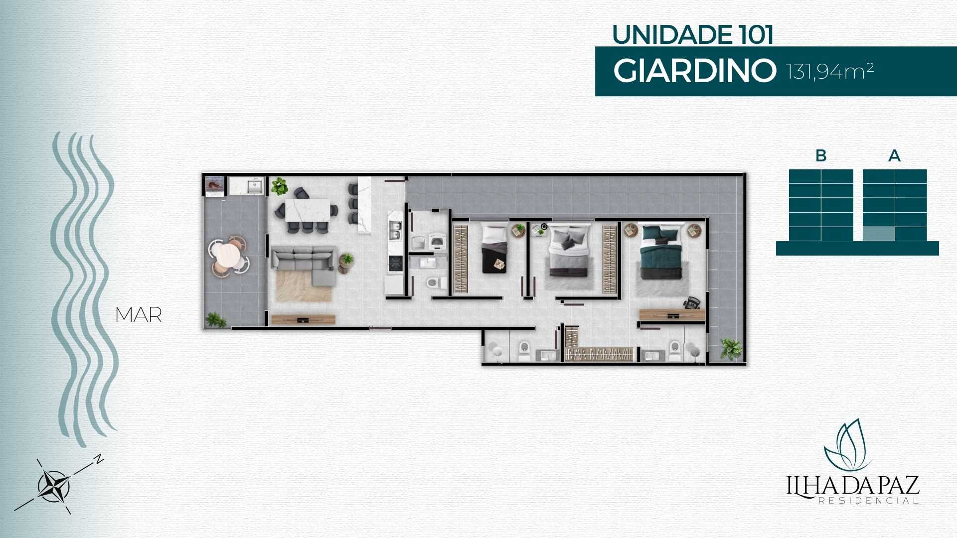 Planta - FRENTE MAR - 3 DORMITÓRIOS SENDO 1 SUÍTE - À PARTIR DE R$ 991.000,00 - POUCAS UNIDADES - Sabbia Imóveis