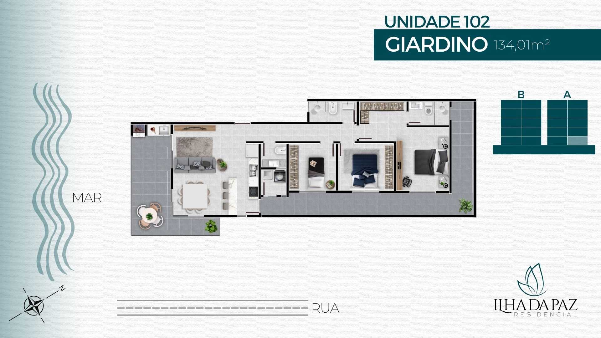 Planta - FRENTE MAR - 3 DORMITÓRIOS SENDO 1 SUÍTE - À PARTIR DE R$ 991.000,00 - POUCAS UNIDADES - Sabbia Imóveis