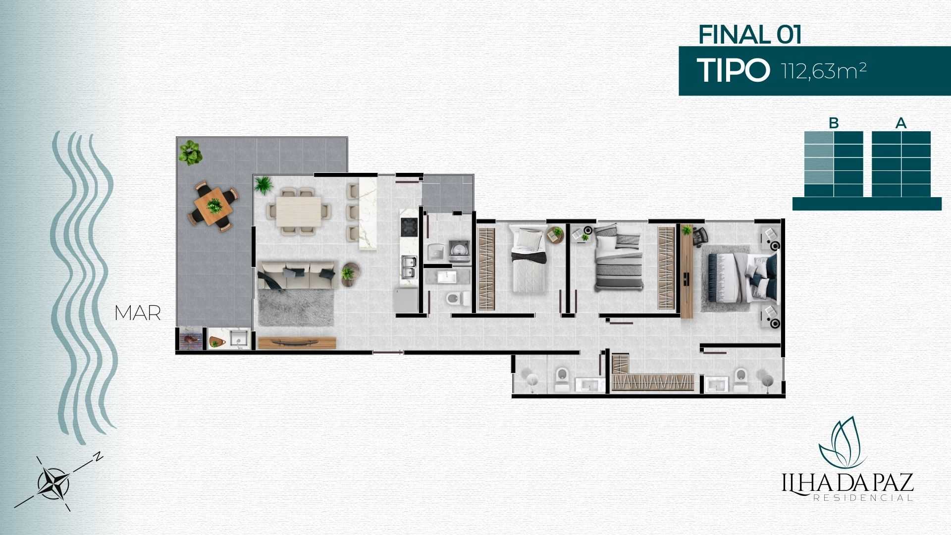 Planta - FRENTE MAR - 3 DORMITÓRIOS SENDO 1 SUÍTE - À PARTIR DE R$ 991.000,00 - POUCAS UNIDADES - Sabbia Imóveis