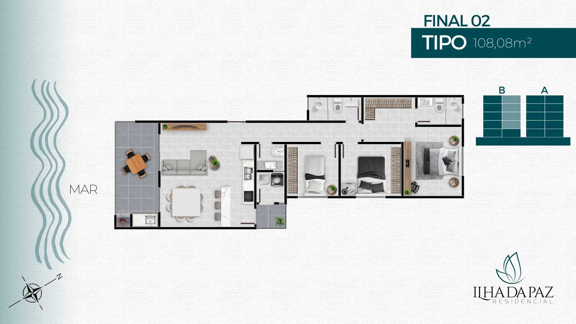 Planta - FRENTE MAR - 3 DORMITÓRIOS SENDO 1 SUÍTE - À PARTIR DE R$ 991.000,00 - POUCAS UNIDADES - Sabbia Imóveis