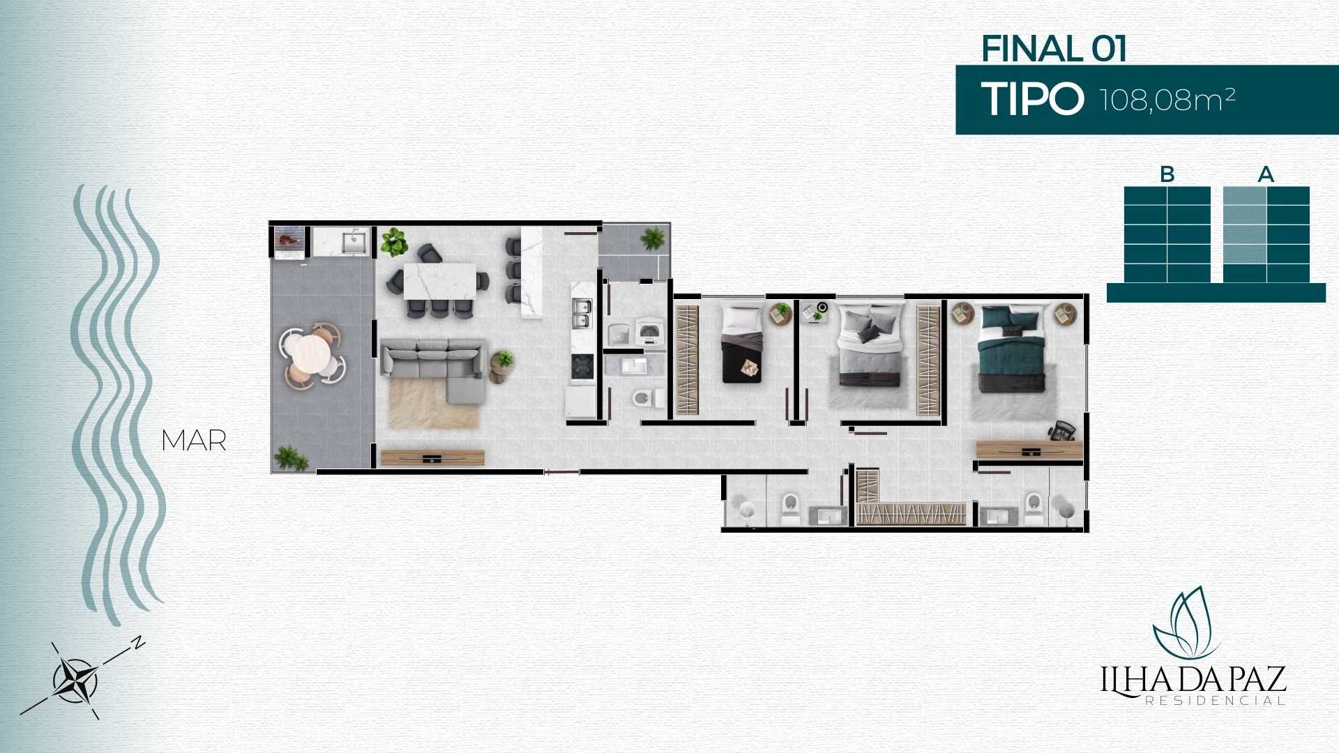 Planta - FRENTE MAR - 3 DORMITÓRIOS SENDO 1 SUÍTE - À PARTIR DE R$ 991.000,00 - POUCAS UNIDADES - Sabbia Imóveis