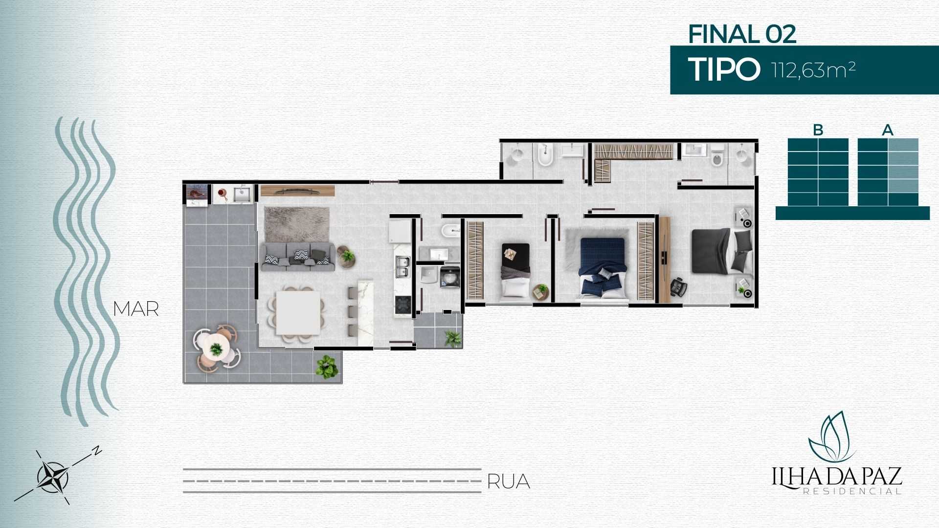 Planta - FRENTE MAR - 3 DORMITÓRIOS SENDO 1 SUÍTE - À PARTIR DE R$ 991.000,00 - POUCAS UNIDADES - Sabbia Imóveis