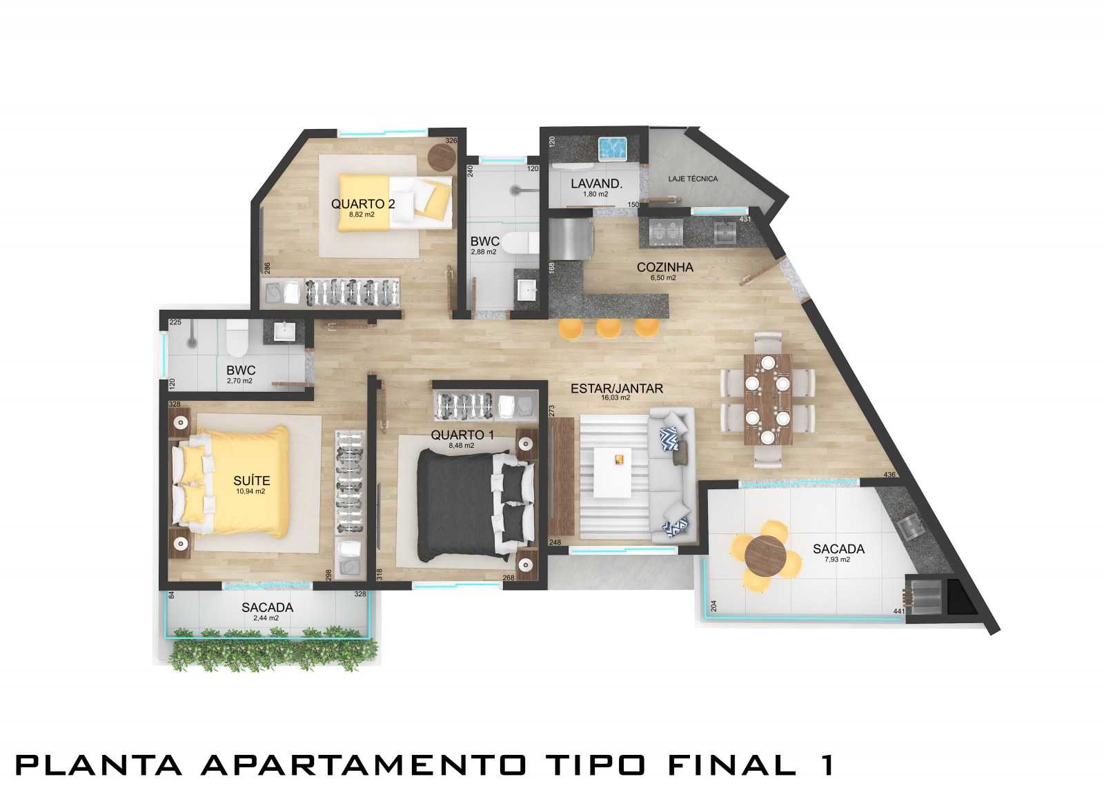 Planta - PARADISO - 02 ou 03 dormitórios - ÁPENAS 80 METROS DO MAR - À partir de R$ 760.000,00 - Sabbia Imóveis