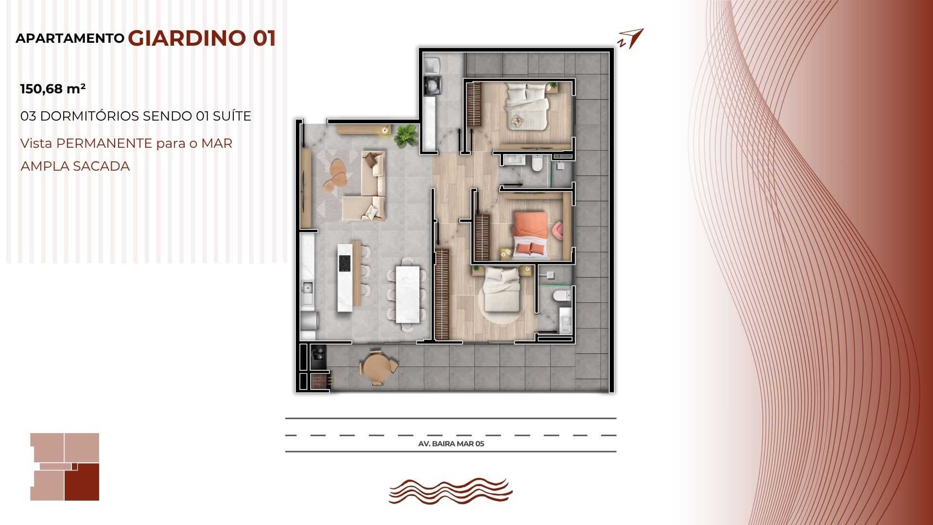 Planta - LANÇAMENTO FRENTE MAR - 03 dormitórios sendo 01 suíte - À partir de R$ 835.950,00 - Sabbia Imóveis